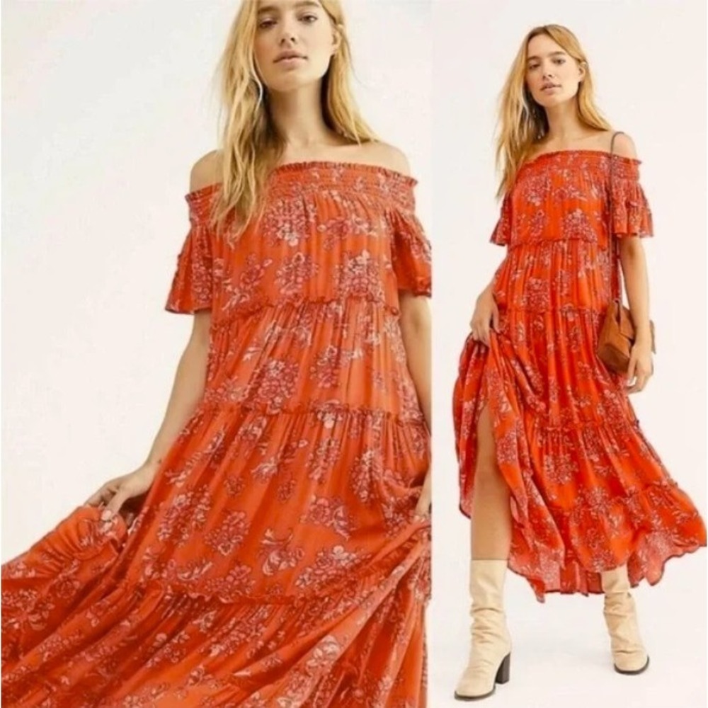 Free People Barclay Off-Shoulder Tiered Maxi Dress Boho Orange Floral Size Small